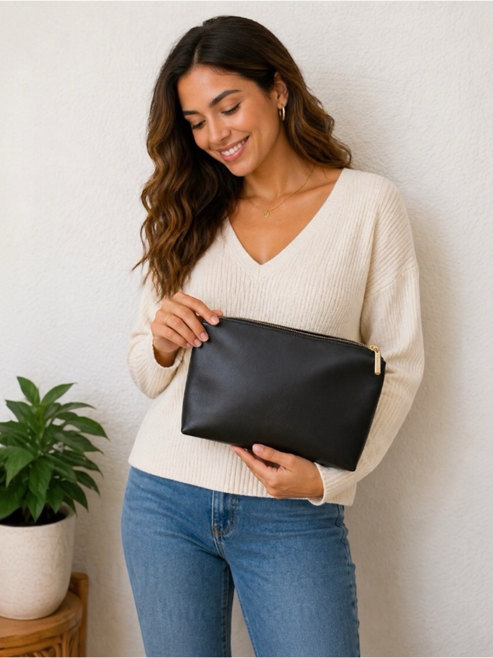 STAUD Black Cosmetic Bag Makeup Pouch Leather Gold Zip